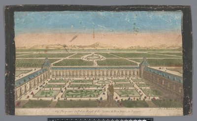 Udsigt over haven og Palacio del Buen Retiro i Madrid Vüe ​​​​perspective du Palais Royal et des Jardins du Buen Retiro, en Espagne (titel på objekt) af Jean François Daumont