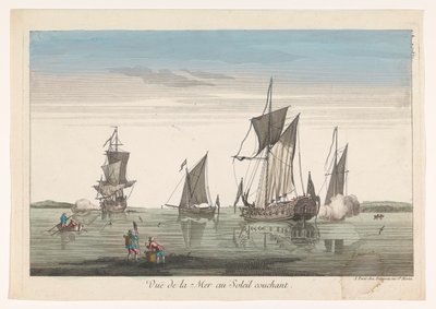 Havlandskab med skibe og både ved solnedgang Vue de la mer au soleil couchant (titel på objekt) af Jean François Daumont