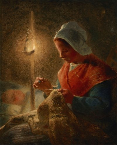 Fransk: Femme coud à la lumière de la lampe Woman Sewing by Lamplight af Jean Francois Millet