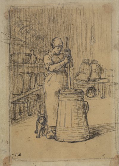 Undersøgelse af en kvinde, der kærner smør af Jean Francois Millet