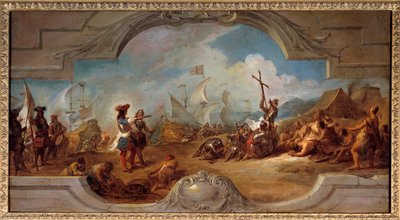 Christopher Columbus i Amerika (malerprojekt på loftet). 1492. Maleri af Jean Francois De Troy (1679-1752) af Jean François de Troy
