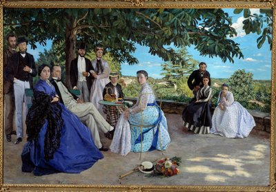 Familiemøde: portræt af en fransk borgerskabsfamilie samlet i en have. Fra venstre mod højre: Jean Frederic Bazille, hans onkel Monsieur des Hours, hans mor og far, hans kusine Pauline og hendes mand Monsieur Teulon, hans tante Madame des Hours og af Jean Frederic Bazille