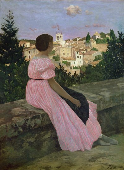 Den lyserøde kjole eller udsigt over Castelnau-le-Lez, Herault, 1864 af Jean Frederic Bazille