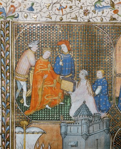 Historikeren Froissart præsenterer på sine knæ, klædt i klerikale gevandter, sin krønike om Hundredårskrigen for Edward III ... af Jean Froissart
