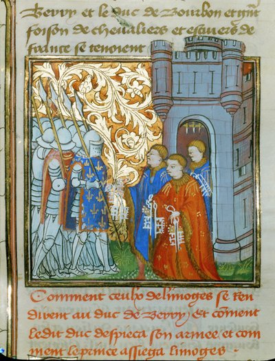 Tre dommere fra Limoges i festlige gevandter overrækker byens nøgler til hertugen af Berry ... af Jean Froissart