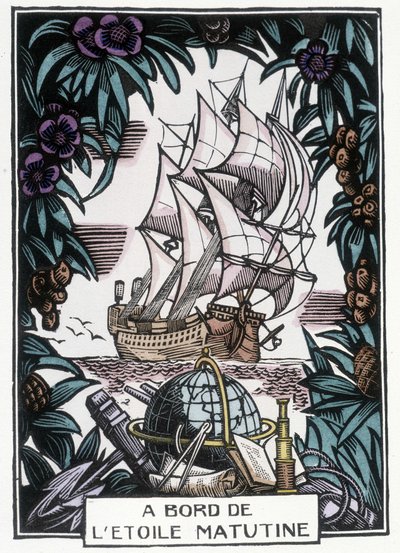 Ship at Sea: Illustration af begyndelsen af det 20. århundrede af Jean-Gabriel (Jean Gabriel) Daragnes (1886-1950) til bogen "A bord de l