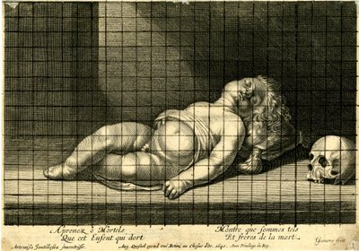 Jean Ganière - Barn sover med hovedet hvilende på en pude; kranium til højre. 1640 af Jean Ganière