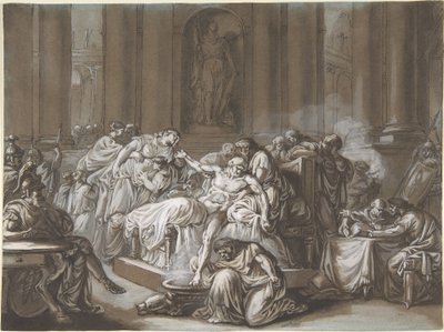 The Death of Seneca (pen & sort blæk, pensel og brun vask, forhøjet med hvid gouache på blåt papir) af Jean-Guillaume Moitte