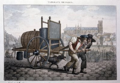 Tidligere gademetier i Paris: bad derhjemme (to mænd trækker en vogn med en tønde fyldt med vand). Indgravering af Jean Henry Marlet (1771-1847) i "" Les Tableaux de Paris"", serie på 72 tryk, slutningen af det 19. århundrede. af Jean Henri Marlet