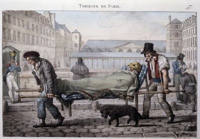 Tidligere gademetier i Paris: den stakkels patient fører til hospitalet ved bårerne. Indgravering af Jean Henry Marlet (1771-1847) i "" Les Tableaux de Paris"", serie på 72 tryk, slutningen af det 19. århundrede. af Jean Henri Marlet