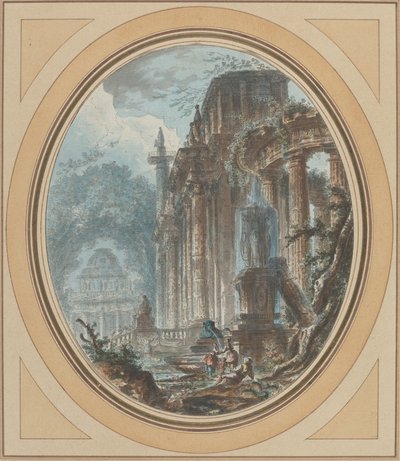 Have Capriccio med antikke ruiner af Jean Henry Alexandre Pernet
