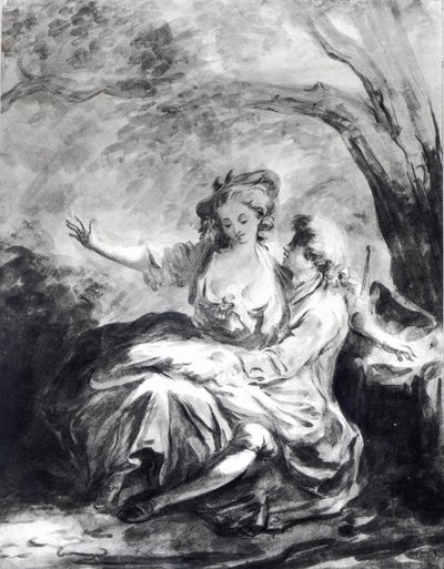 Et mødested for kærlighed (sepia på papir) af Jean Honore Fragonard