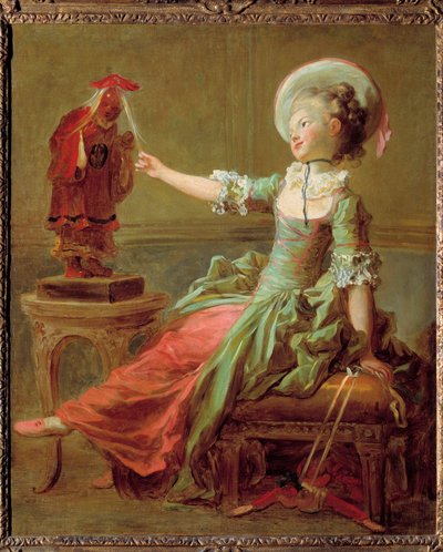 En ung pige har det sjovt med en kinesisk statue, der trækker hendes hår. Maleri af Jean Honore Fragonard (1732-1806) 1700-tallets privatsamling af Jean Honore Fragonard
