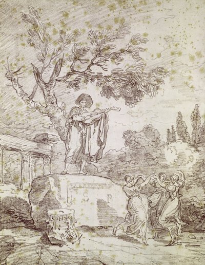 En italiensk guitarist, der spiller for tre dansende piger (rødt kridt på papir) af Jean Honore Fragonard