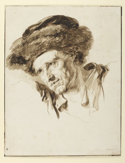Hoved af en mand iført pelshue, 1774 (pen & blæk, vask og grafit på papir) af Jean Honore Fragonard
