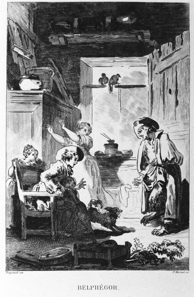 Illustration af Jean Honore Fragonard (1732-1806) til Jean de la Fontaines (1621-1695) fabel "Belphegor". Gravering. af Jean Honore Fragonard