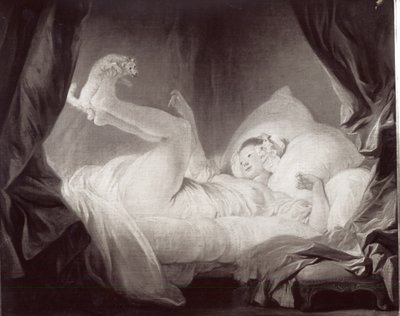 La Gimblette eller ung pige, der får sin hund til at danse på sin seng (olie på lærred) (s/h foto) af Jean Honore Fragonard