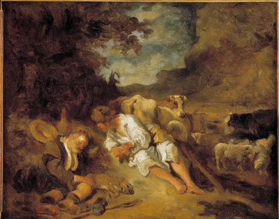Mercury og Argus Charge af Juno for at holde Io forvandlet til en ko, Argus (Argos) faldt i søvn. Forklædt som hyrde prædiker Mercury for at dræbe ham for at befri Jupiters elskede nymfe. Maleri af Jean Honore Fragonard (1732-1806) efter Karel Fabritius (1 af Jean Honore Fragonard