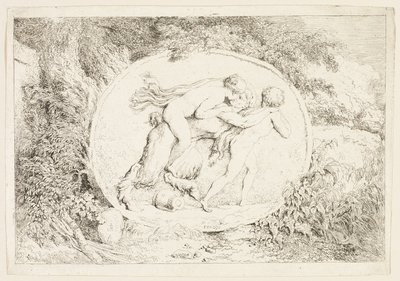 Nymfe ridende på en satyrs ryg, fra Bacchanales, eller Satyrernes lege af Jean Honore Fragonard