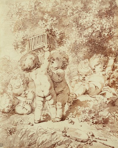 Seks Putti på spil, to holder et bur op, af Jean Honore Fragonard