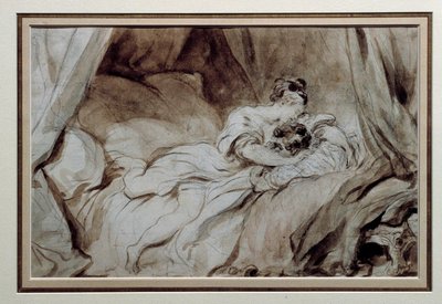 Det lykkelige øjeblik Et par, der strøg hinanden i en seng. Tegning i Bistre Wash af Jean Honore Fragonard (1732-1806) 1700-tallets privatsamling af Jean Honore Fragonard