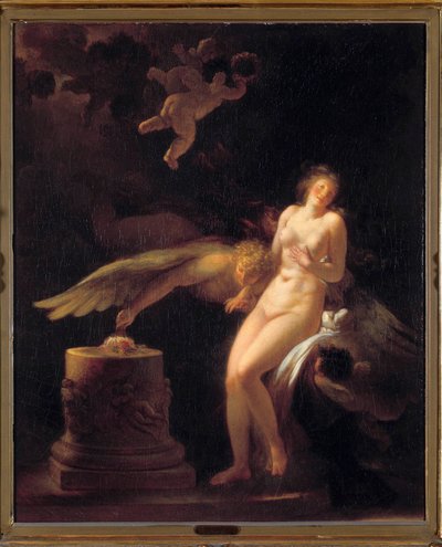 Rosens offer En nøgen ung kvinde foran et offeralter, hvorpå der er lagt en rose (hendes jomfru?) og et væsen ailee. Maleri af Jean Honore Fragonard (1732-1806). 1700-tallets privatsamling af Jean Honore Fragonard