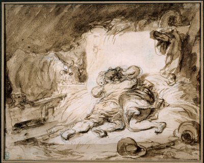 Stalden Et par omfavner på en høstak. Tegning i vask af Jean Honore Fragonard (1732-1806) Paris. Musee Cognacq Jay af Jean Honore Fragonard