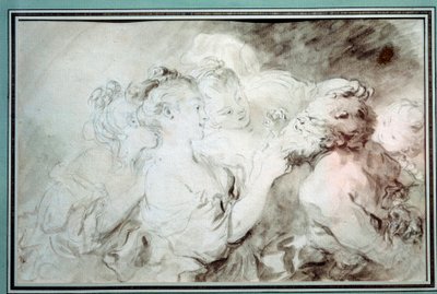 Unge piger, der kæmper med en satyr Unge kvinder, der hygger sig med et satyrskæg. Tegning i Bistre Wash af Jean Honore Fragonard (1732-1806) 1700-tallets privatsamling af Jean Honore Fragonard