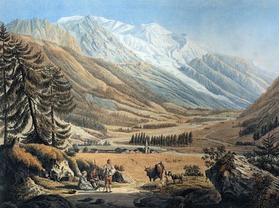 Udsigt over Chamonix-dalen fra landsbyen Argentiere af Jean Daniel Huber under en rejse ca. 1785 (kobberstik) af Jean Huber