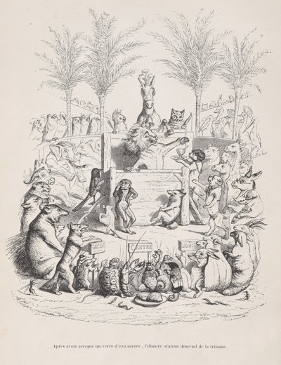 Efter at have modtaget et glas sødt vand, stiger den berømte taler ned fra pl..., ca. 1837-47. af Jean Ignace Isidore Gérard