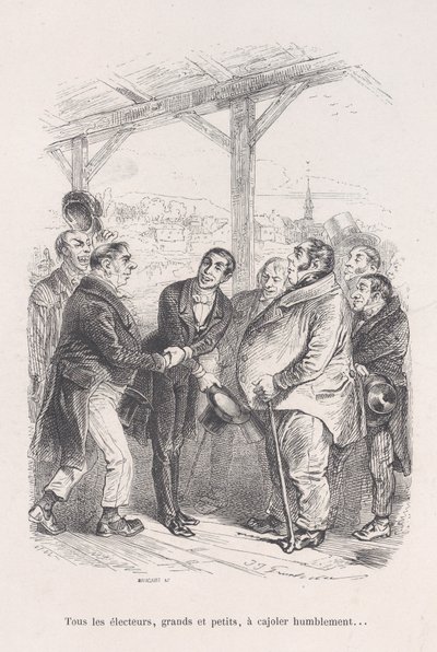 Alle vælgere, store som små, samles for ydmygt at lokke hinanden... fra den lille elendighed af..., 1843. af Jean Ignace Isidore Gérard