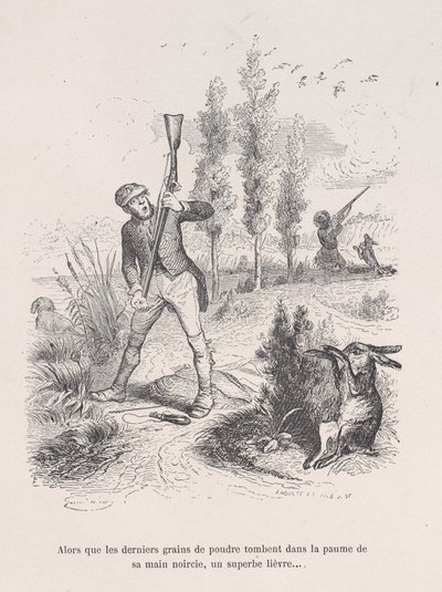 Da de sidste pulverkorn falder i håndfladen på hans sorte hånd, en fantastisk hare... fr..., 1843. af Jean Ignace Isidore Gérard