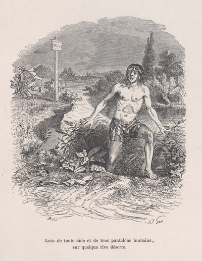 Væk fra al hjælp og uden bukser, på en eller anden øde kyst fra Little Miserie of H..., 1843. af Jean Ignace Isidore Gérard