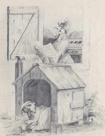 Hund i hundehus, hanen synger ved vinduet, ca. 1842. af Jean Ignace Isidore Gérard