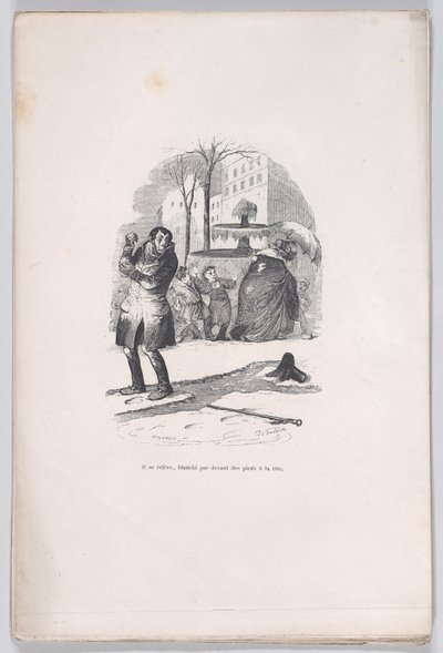 Han rejser sig, dækket fra top til tå af sne. fra Menneskelivets små elendighed, 1843. af Jean Ignace Isidore Gérard