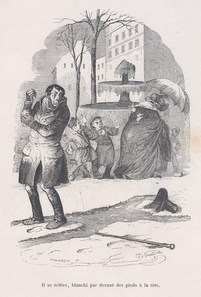 Han rejser sig, dækket fra top til tå af sne. fra Menneskelivets små elendighed, 1843. af Jean Ignace Isidore Gérard