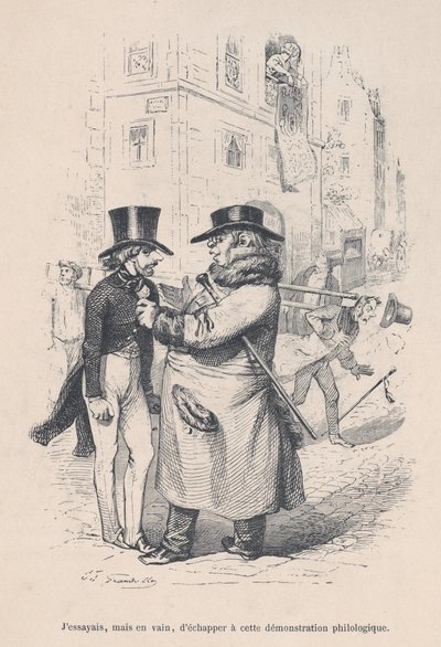 Jeg forsøgte at flygte fra denne filologiske diskussion. fra Menneskelivets Lille Elendighed..., 1843. af Jean Ignace Isidore Gérard