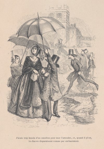 Jeg havde for meget behov for en omnibus, men så snart det begynder at regne, ser de alle ud til at ..., 1843. af Jean Ignace Isidore Gérard