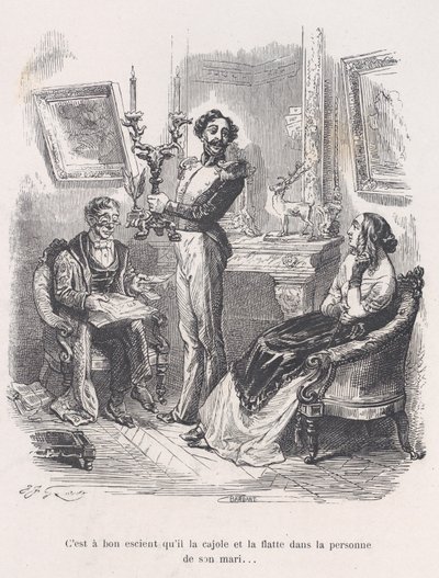 Det er godt, at han lokker og smigrer hende foran hendes mand. fra den lille miseri..., 1843. af Jean Ignace Isidore Gérard