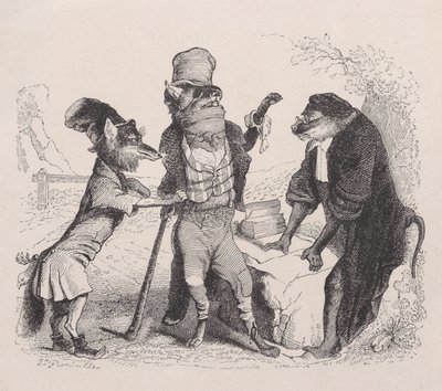 Ulven bønfalder mod Ræven foran Aben, ca. 1838. af Jean Ignace Isidore Gérard