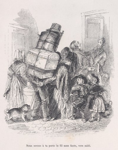 Vi står uden fejl ved din dør ved middagstid. fra Menneskelivets små elendighed, 1843. af Jean Ignace Isidore Gérard