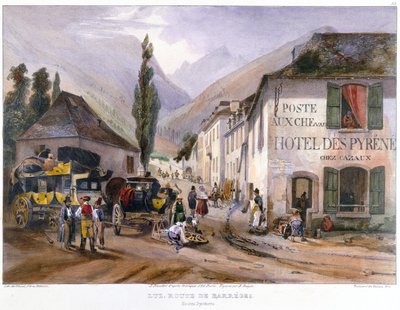Ankomst og reparation af en diligence i Luz på vejen til Barreges, ca. 1840 af Jean Jacottet