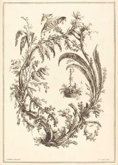 Ornament med parasol og hængende kurv af Jean Jacques Avril I after Jean Baptiste Pillement