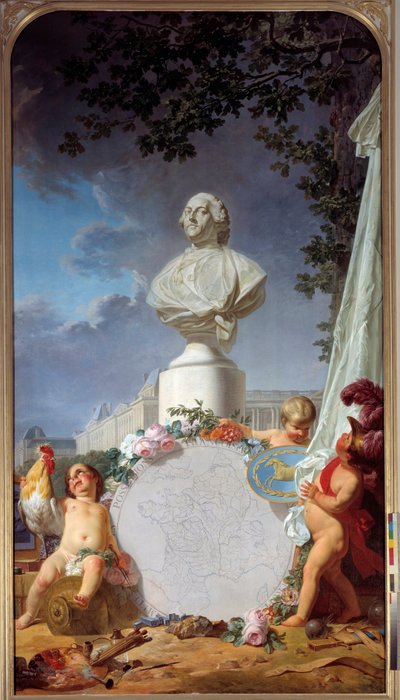 Det lærde Europa Allegorisk fremstilling af Frankrigs herlighed, busten af Ludvig XVI (1754-1793) dominerer et kort over franske besiddelser, en hane, angelots og symboler for kunst og videnskab. Maleri af Jean Jacques Bachelier (1724-1806) 1762 Versaille af Jean Jacques Bachelier