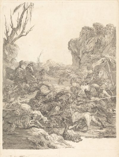 En bjørnejagt af Jean Jacques Flipart after Carle Van Loo
