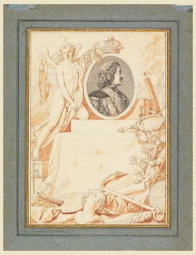 Tegning, forsidebillede til en historie om Peter den Store, ca. 1780 af Jean Jacques Francois Le Barbier