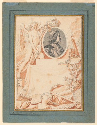 Tegning, forsidebillede til en historie om Peter den Store, ca. 1780 af Jean Jacques Francois Le Barbier