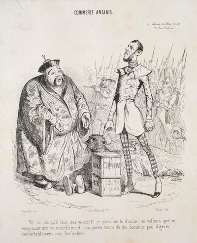 engelsk handel. Ja, du siger, at du skal købe denne gift med det samme, vi vil virkelig gerne have, at du forgifter dig selv, så vi kan få en kop kop te for komfortabelt at fordøje vores bøffer! af Jean Jacques Grandville