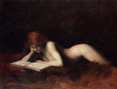 Tilbagelænet nøgen kvinde læser en bog af Jean Jacques Henner