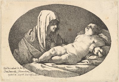 Jomfruen til venstre ser på spædbarnet Kristus mens han sover, en oval komposition, efter ..., 1760-63. af Jean Jacques Lagrenee